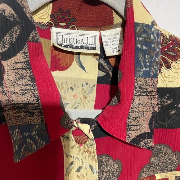 Vintage Red Abstract Silky Button Down Blouse Shirt Small - Picture 7 of 11